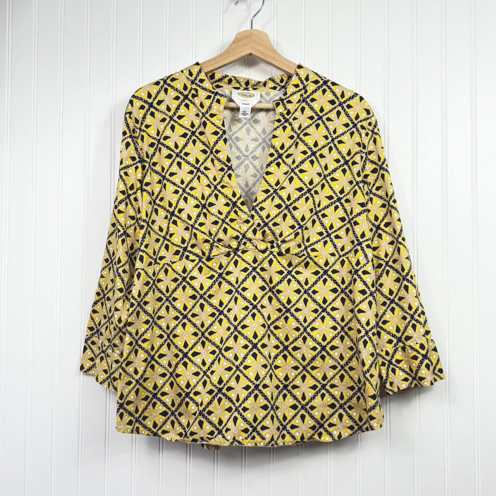 Talbots V-neck Stretch Top 3/4 Sleeve Yellow Navy Diamond Cotton Size XL